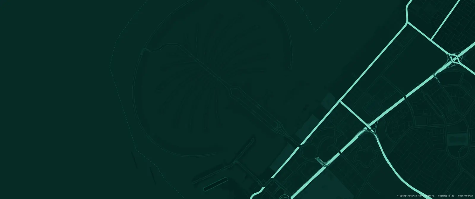 Palm Jumeirah as a Verdigris ultrawide wallpaper, 3440 × 1440: a dark green sea with the palm drawn in shoreline alone and mint arteries along the Dubai coast.
